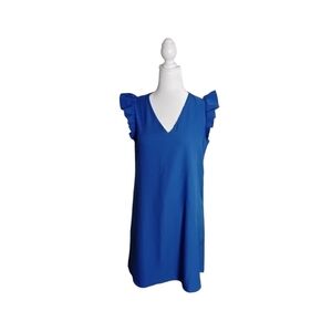 Floerns Women's Blue V-Neck Ruffle Trim Cap Sleeve Flowy Tunic Dress Size S